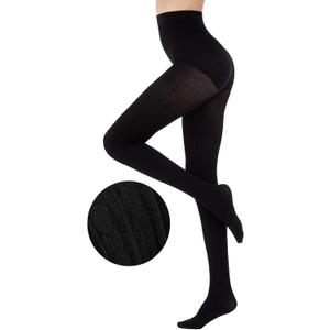 Women's Cable Knit Tights Soft Sweater Opaque Fall Winter Warm Tights for Women Ribbed Knit Striped Thick Stockings (Black)