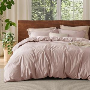 Bedsure 100% Washed Cotton Duvet Cover Queen Size - Petal Pink Minimalist Cotton Duvet Cover Linen Like for All Seasons - GentleSoft Plain Simple Bedding, 3 Pieces (Petal Pink, Queen, 90"x90")