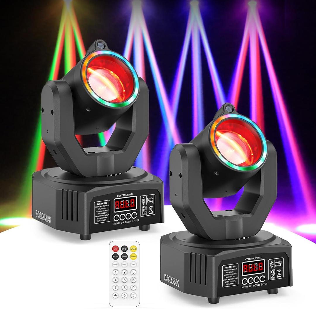 2-Pack Mini Moving Head Light, 50W LED Stage Lighting with Remote Control, Beam/Colorful Aperture/Starry Sky Effects for DJ Sets Party Family Gatherings Small Venues