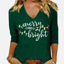 Womens Christmas Lights V Neck Shirt Funny Xmas Letter Printed Sleeve Tee Winter Holiday Family Matching Tops, 2 XL