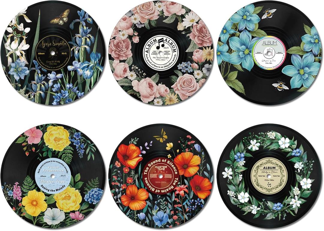 Chunful 6 Pake 12 Inch Vintage Records Wall Decor Aesthetic Retro Record Wall Decor for Dorm Bedroom Living Room Art Display Rock and Roll Music Hippie Party Records Decorations (Floral)