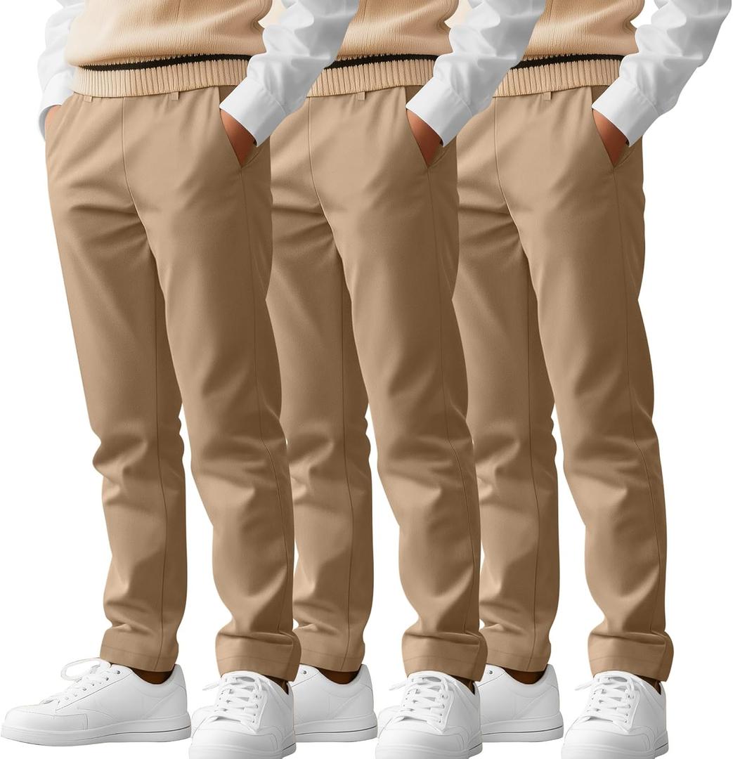 3 Pack Boys' School Uniform Pants 6-14Y Elastic Waist Stretch Youth Trousers with Pockets Straight Fit for Kids (Khaki, Khaki, Khaki)