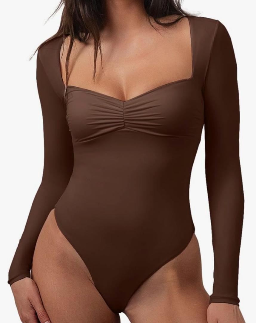 CHYRII Womens Sexy Square V Neck Bodysuit Tops Fall Fashion Long Sleeve Going Out Tops S