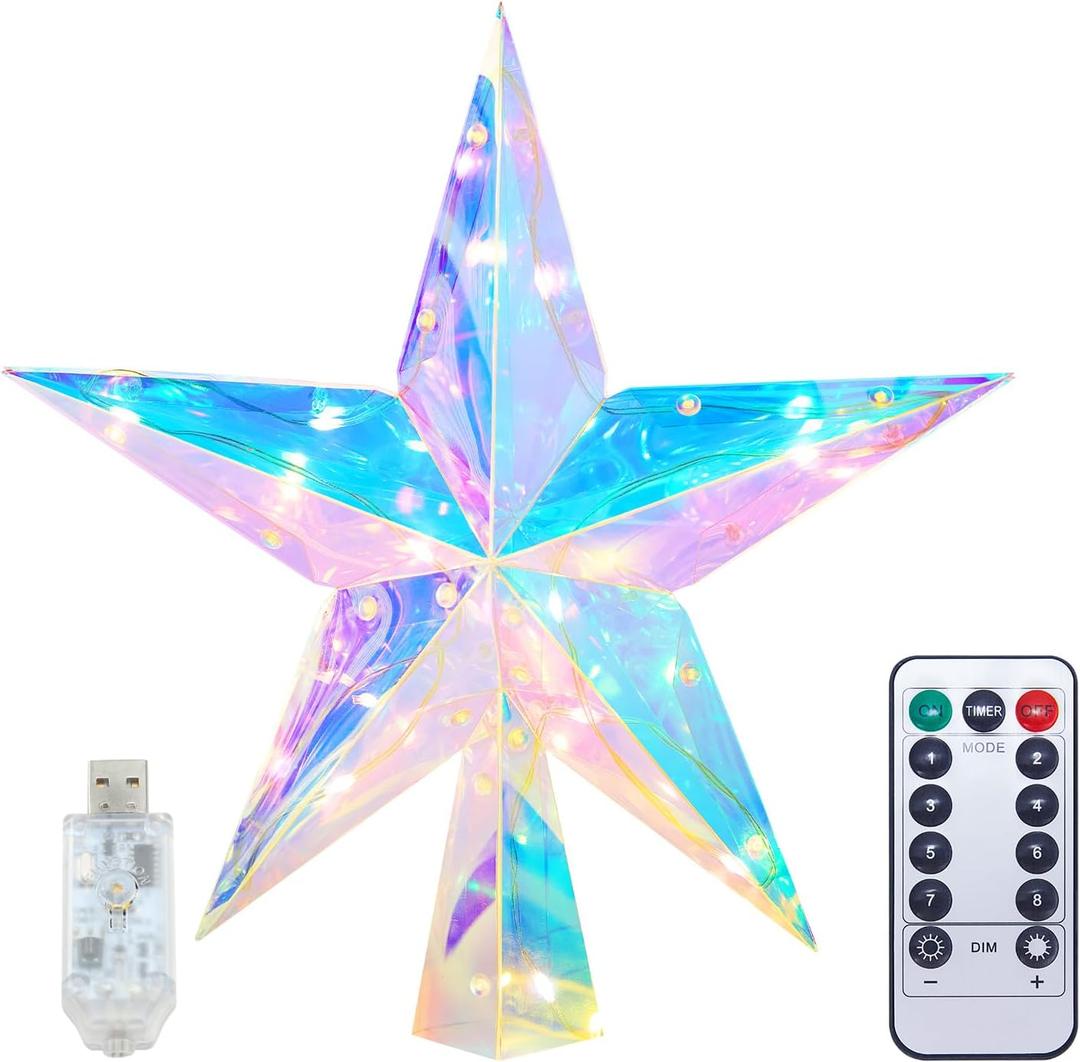 Christmas Tree Star Topper 11.8" PET Christmas Tree Topper Lighted with Remote Multicolour 20LED Lighted Treetop Decorate for Xmas Decorations Ornaments Holiday Party Indoor Decor