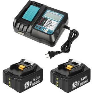 2 Pack 18V 5000mAh Lithium-ion Replacement Battery for Makita and 14.4V-18V Replacement Charger for Makita BL1830 BL1850 BL1840