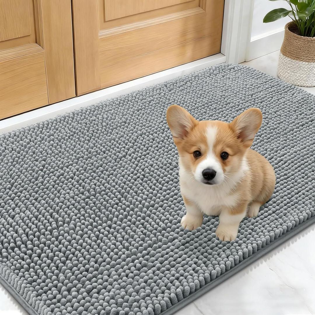 OLANLY Dog Door Mat for Muddy Paws 30x17, Absorbs Moisture and Dirt, Absorbent Non-Slip Washable Doormat, Quick Dry Chenille Mud Mat for Dogs, Entry Indoor Entryway Carpet for Inside Floor, Grey
