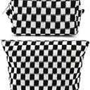 SOIDRAM 2 Pieces Black Makeup Bag Large Checkered Cosmetic Bag Capacity Canvas Mix Travel Toiletry Bag Organizer Cute Makeup Brushes Aesthetic Accessories Storage Bag for Women, Checkered Mix Black