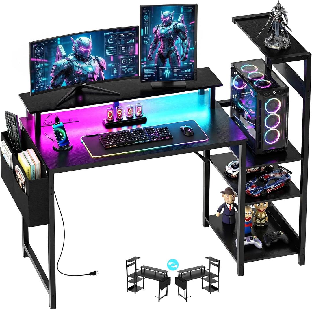 Gaming Desk 43 Inch Computer Table with Storage Shelves & Monitor Stand