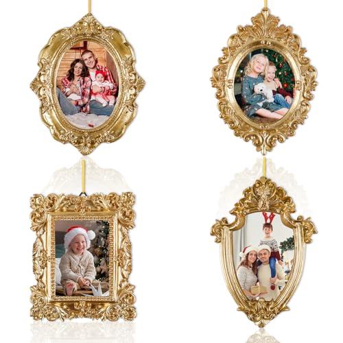 4 Pcs Mini Picture Frames Small Vintage Gold Photo Frames Antique Oval and Rectangle Photo Frame Set for Christmas Wall Tree Home Wedding Gallery Arts Display Decor Antique Style Hanging Ornaments