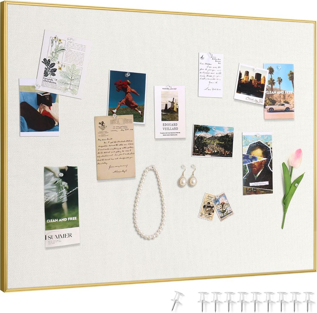 SELEAD Linen Bulletin Board 24” x 18” - Golden Aluminum Frame, Beige Fabric