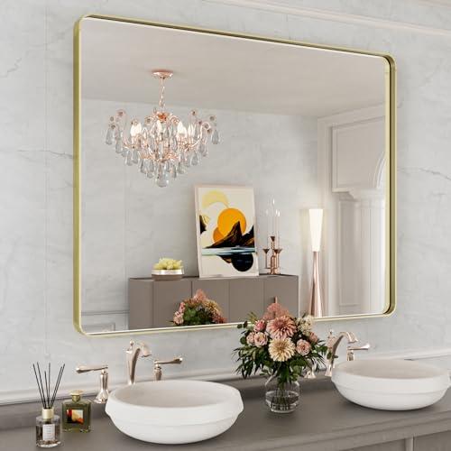 WEER Gold Bathroom Mirror, 40X32 Inch Brushed Gold Metal Frame Mirror, Rounded Rectangle Gold Bathroom Vanity Mirror for Wall, Tempered Glass, Anti-Rust, Hangs Horizontally or Vertically