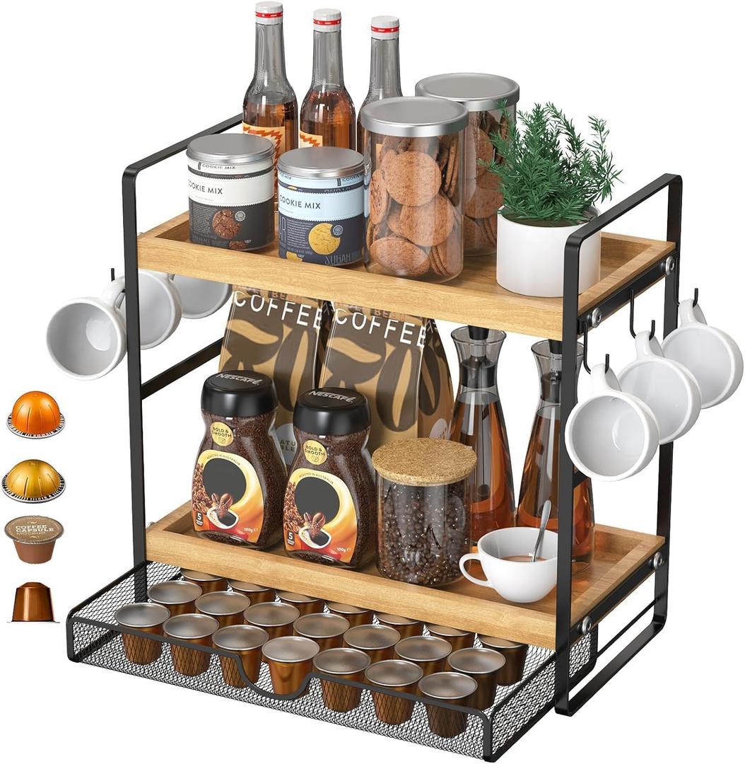 LEMIKKLE Coffee Station Organizer with Pod Holder and Drawer, Kitchen Countertop Organizer, Coffee Bar Accessories Station with Coffee Pod Storage, 2-Tier Wood Coffee Organizer With 6 Hooks (Light Brown)