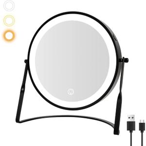 DOWRY 8.5'' Lighted Makeup Vanity Mirror with Magnification, Rechargeable 1x 10x Magnifying Mirror with 3 Color Light Brightness Adjustable, 360Rotation Double Side Desk Cosmetic Mirror