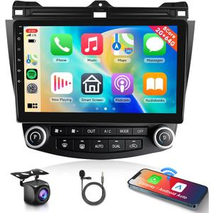 8 CORE 2G+64G Car Radio for Honda Accord 2003-2007 with Wireless CarPlay/Android Auto, Podofo 10.1 Touch Screen Stereo Android 13 GPS WiFi Bluetooth DSP SWC + HD Backup Camera