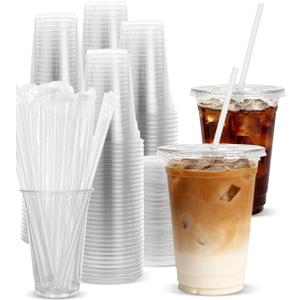 Goodluck 100 Pack 16oz Plastic Cups with Lids and Straws, Clear Disposable Iced Coffee Cups, Food Safe Cold Drink Cups for Bubble Tea, Smoothies & Shakes, BPA Free