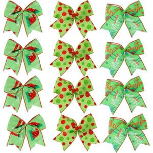 12 Pcs Green Christmas Tree Bows, 5 Inch Red Green Dots Bow for Christmas Tree Topper, Ornaments for Tree Home Coquette Room Birthday Party Front Door Wedding Holiday Decor