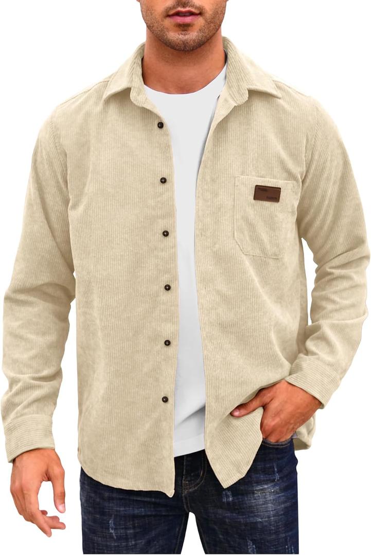 Comdecevis Mens Corduroy Shirts Jacket Button Down Long Sleeve Work Shirts Shackets with Pocket (X-Large, Single Pocket- Beige)