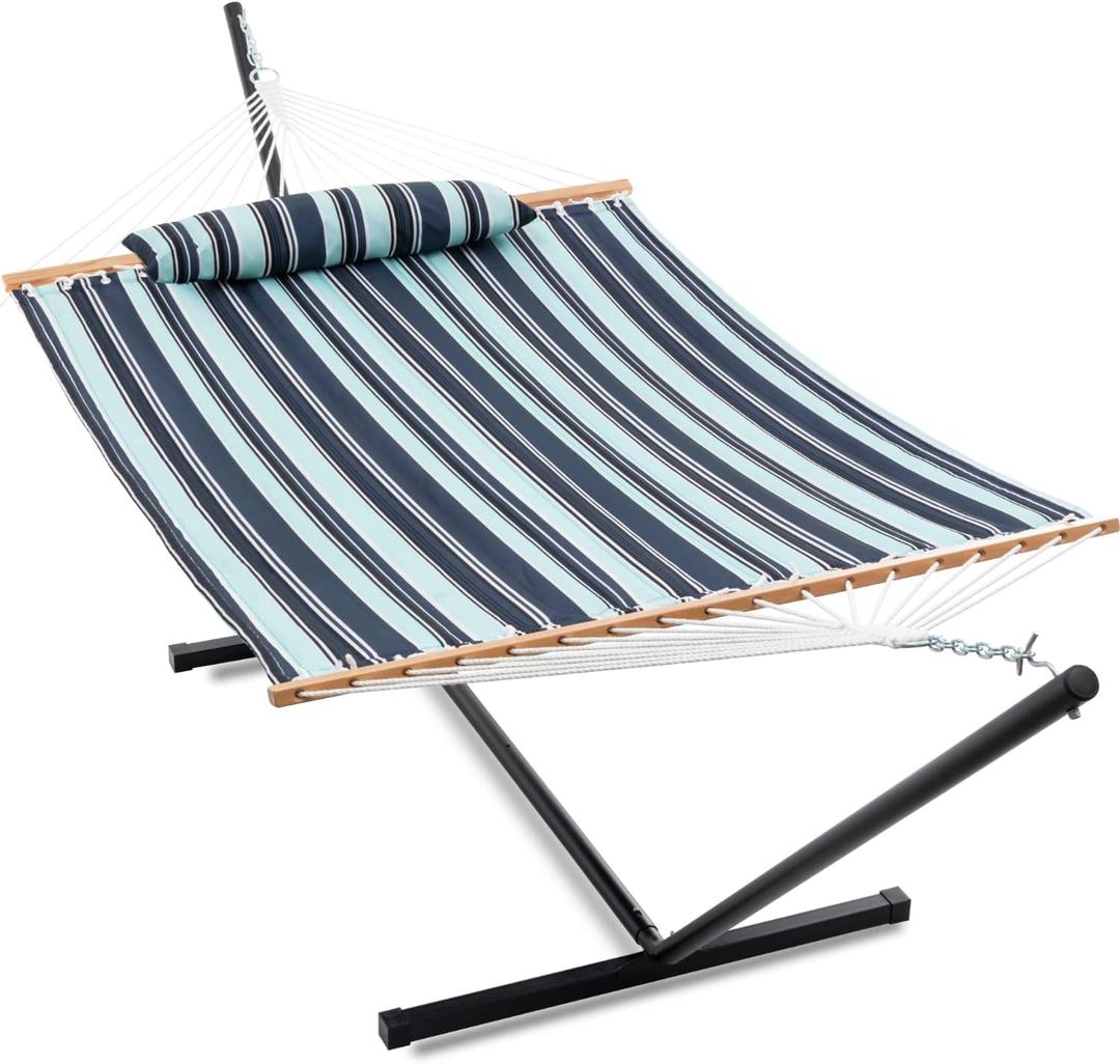 Gafete Large Two Person Hammock with Stand Included Heavy Duty Portable Cotton Double Hammocks with Hardwood Spreader Bar Soft Pillow for Patio Outdoor, Max 475lbs Capacity, (Blue)