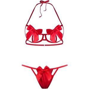Sexy Womens Exotic Lingerie Sets, Bow Tie Naughty Cute Teddy 2 Piece Lingerie Set Holiday Lingerie (Red, M)