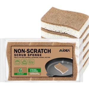 AIDEA Sponges Non Scratch, 6Count, Natural Sponge for Non Stick Cookware, Sponges Kitchen, Cellulose Scrub Sponge for Dishes, Cleaning Power for Kitchen, Bathroom, Household (Brown)