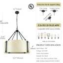 Chandelier Lighting Fixture, 4-Light, Retro White Drum Shade, Rustic Industrial Hand-Painted Pendant for Kitchen Island Living Dining Room Over Table, 23" W x 21.5" H (Retro-White, 23 Inches)