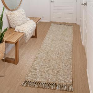 Collive Boho Runners for Hallways 2x7 ft, Washable Kitchen Runner Rug Low-Profile Neutral Indoor Entryway Rug, Tan/Cream Braided Cotton Floor Carpet for Laundry Room Bedroom Doorway