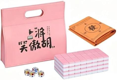 SEAMEW Professional Traditional Chinese Mahjong Set 中式麻將 - 30mm 146 Tiles Green & White Melamine with Dice Storage Case Pink