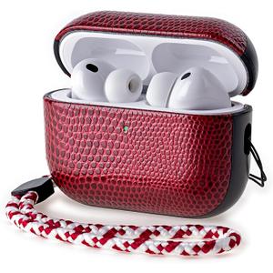 Leather Case for AirPods Pro 3 (3rd Gen 2025), Adjustable Lanyard, Vegan Lizard Texture Leather, Hard Shell, Scratch/Shock Proof, Wireless Charging, for Fashion & Luxury Lovers, Red