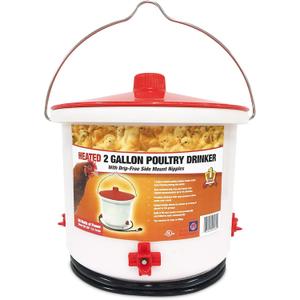 Farm Innovators Heated Waterer with Lid, 60W Hanging Water Dispenser - 2 Gallon Poultry Drinker Bucket with Red Top for Chickens, Turkeys, and Geese