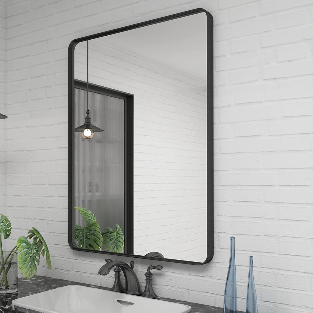 24x36 Inch Black Framed Mirror for Wall, Matte Black Bathroom Rectangle Mirror, Rounded Corner, Anti-Rust (Horizontal/Vertical)