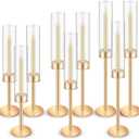 Yungyan 9 Pcs Gold Candlestick Holders Clear Glass Hurricane Candle Holder Bulk Vintage Candelabra Taper Tall Glass Hurricane Candle Cover for Christmas Wedding Table Centerpiece Decor