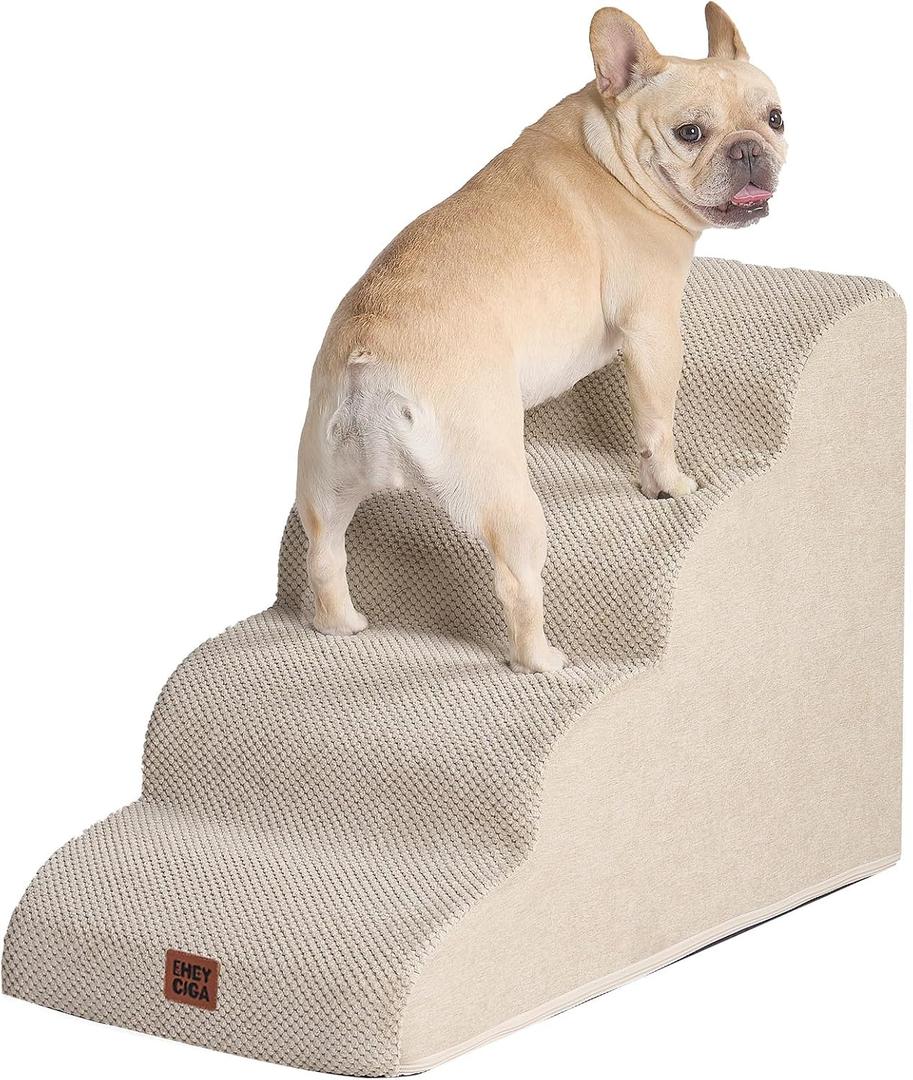 EHEYCIGA Curved Dog Stairs Ramp for High Beds 19.7" H, 4-Step Dog Steps for Small Dogs and Cats, Pet Stairs for High Bed Climbing, Non-Slip Balanced Pet Step Indoor, Beige