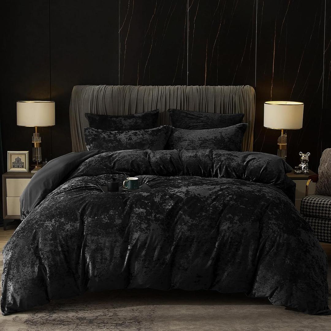 PHF Truly Velvet Duvet Cover Set King Size, 3pcs Ultra Soft Breathable Comforter Cover Set, Luxury Cozy Flannel Duvet Cover with Pillow Shams Bedding Collection, 104" x 90", Black