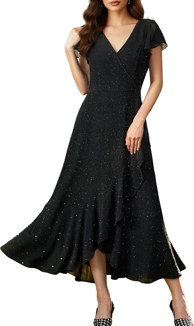 Black Formal Dresses for Women Gowns Evening Party Cocktail Dress,Women Formal Party Dress,V Neck Wedding Guest Dresses. (Black)