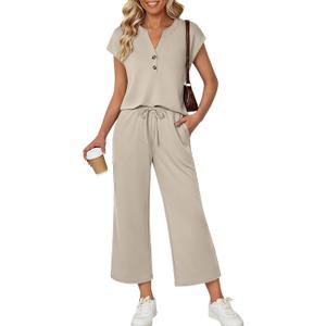 LILLUSORY Two Piece Lounge Sets for Women Spring Vacation Beach Travel Airport Outfits Casual Cruise Fashion 2026 (Beige, M)