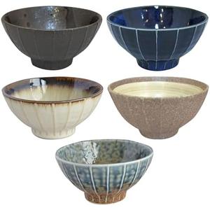 Set of 5 Japanese Ceramic Striped Ichichin Rice Bowls, Deep Soup & Eating Bowls with Distinctive Three-Dimensional Lines, Convenient, Stackable, for Cooking Prep & Serving (Black)