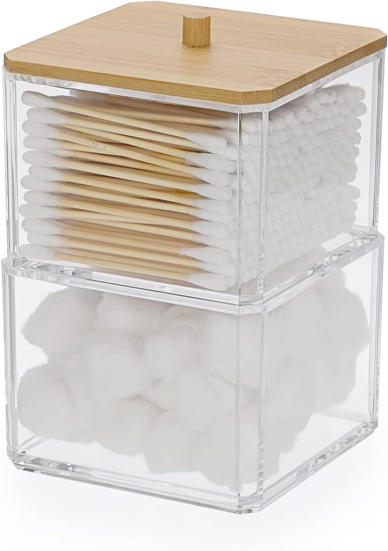 Hipiwe Clear Q-tip Dispenser Holder Acrylic Bathroom Containers 2-Tier Square Apothecary Jar with Lid Canister Cotton Swab and Ball Holder Vanity Storage Organizer for Cotton Round and Pads, Floss