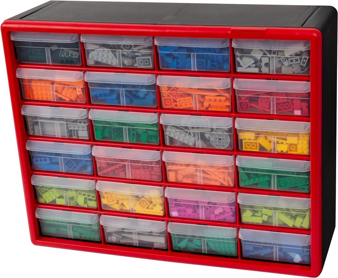 Akro-Mils 24-Drawer Plastic Drawer Storage Cabinet for Garage Organization, Bead Organizer, Building Bricks Storage, Teacher Toolbox, Makeup Organizer, 20-Inch W x 6-Inch D x 16-Inch H, 10124 Red