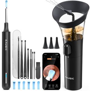 KAUGIC Ear Wax Removal - One-Hand Manual Ear Cleaner with Camera, 7 PCS Ear Spoons, Safe Ear Irrigation Kit for Adults, FSA-HSA-Eligible (Black)