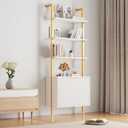 INNOD 74" Tall Bookshelf with Storage Cabinet, Modern Ladder Shelf with Wood and Metal Frame, Wall Mount Bookcase Open Display Shelf Furniture for Living Room, Bedroom, Home Office, Gold, 23.6 inches x 14 inches x 74 inches