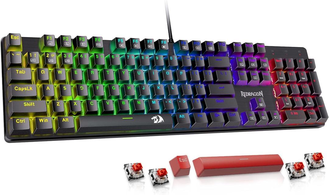Redragon Mechanical Gaming Keyboard Wired, 11 Programmable Backlit Modes, Hot-Swappable Red Switch, Anti-Ghosting, Double-Shot PBT Keycaps, Light Up Keyboard for PC Mac (RGB LED)