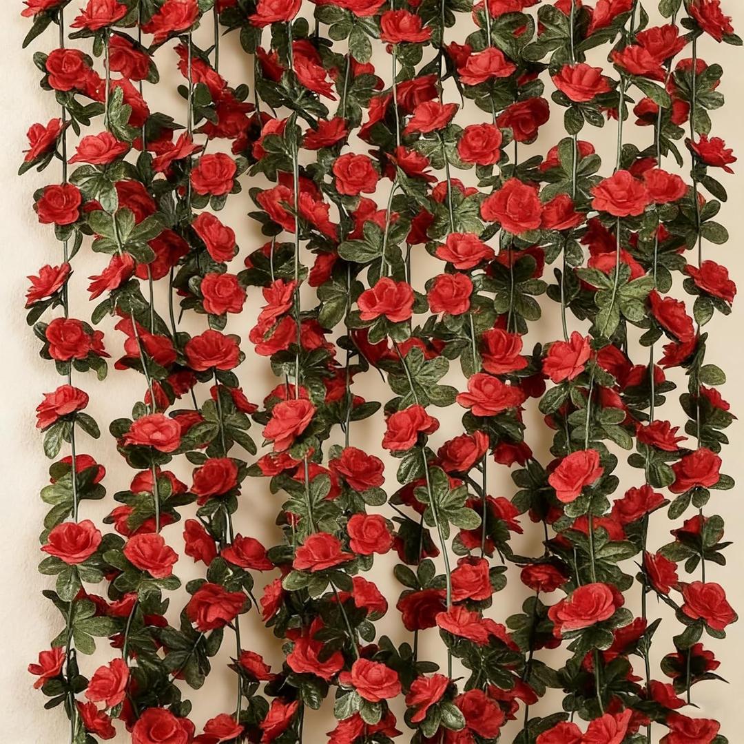 Valentine's Day 5PCS Red Rose Garland Artificial Flowers, 16 Heads Rose Garland for Wall Decor, Home Decor, Wedding, Party Backdrop, Romantic Bedroom, Spring Mantle Decoration