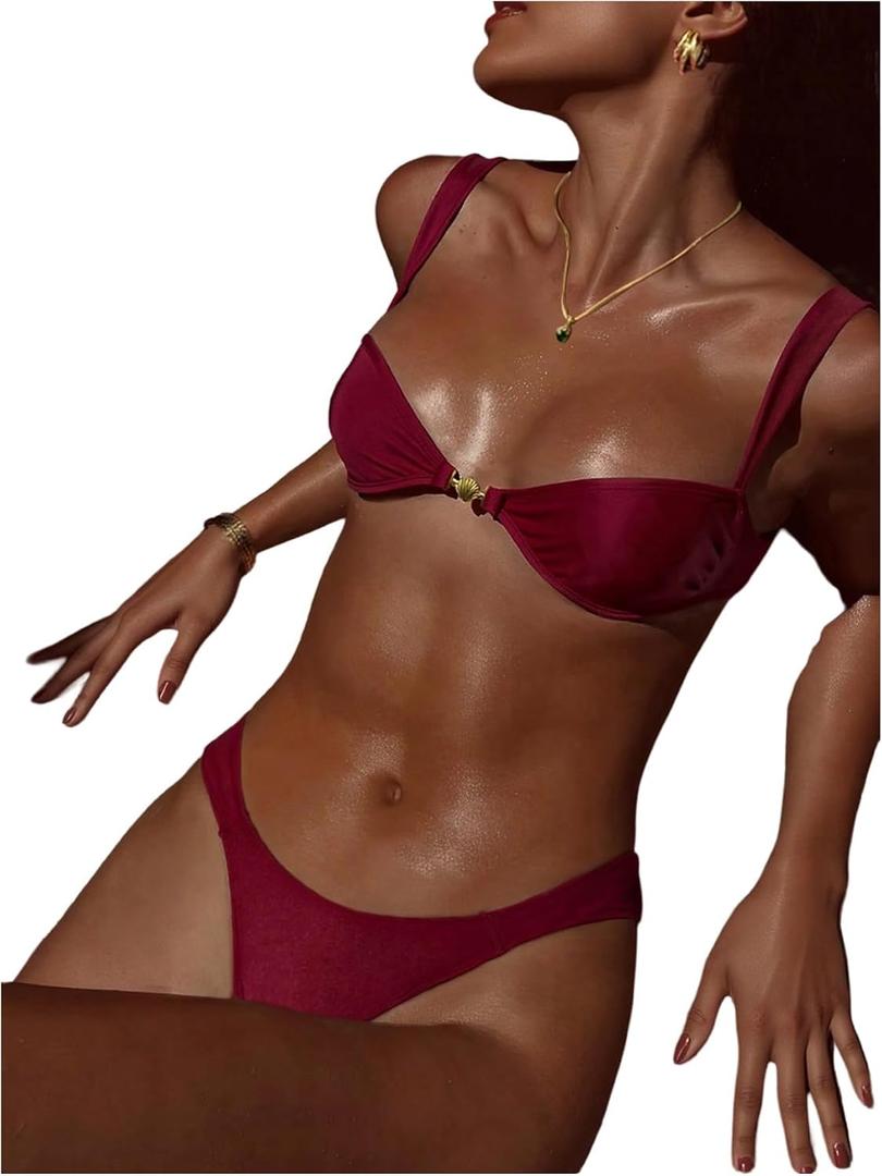 SHENHE Women's Thong Bikini Set High Cut Brazilian Swimsuits Balconette Top Shiny Bathing Suits Medium