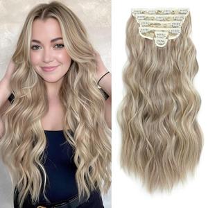 Clip in Hair Extensions for Women, 6PCS Long Wavy Curly Clip on Hair Extensions 20 Inch Dirty Blonde Mixed Gold Synthetic Hairpieces