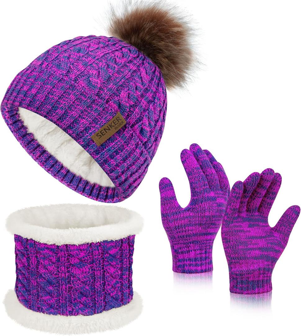 Senker Fashion Winter Kids Hat and Gloves Set for Boys Girls Toddler Pompom Knit Thick Warm Fleece Lined Cold weather (Pink Purple)