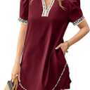 Wenrine Womens Puff Short Sleeve Mini Dress Casual V Neck Color Block Leopard Loose Beach Summer Dresses with Pockets (L)