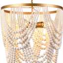 Bohemia Wood Beaded Chandelier - Boho 5-Light Gold and Oak Finish Beaded Light Fixture for Dining, Living, Bedroom, Nursery, Girl Room, Hallway, Entryway