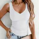 Zeagoo Women's Double Lined V Neck Tank Tops Summer Slim Fit Basic Sleeveless Shirts Cute Trendy Going Out Tops (White, XL)