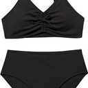 Milumia Girl's 2 Piece Swimsuit V Neck Spaghetti Strap Bathing Suit Bikini Set Swimwear (Black)