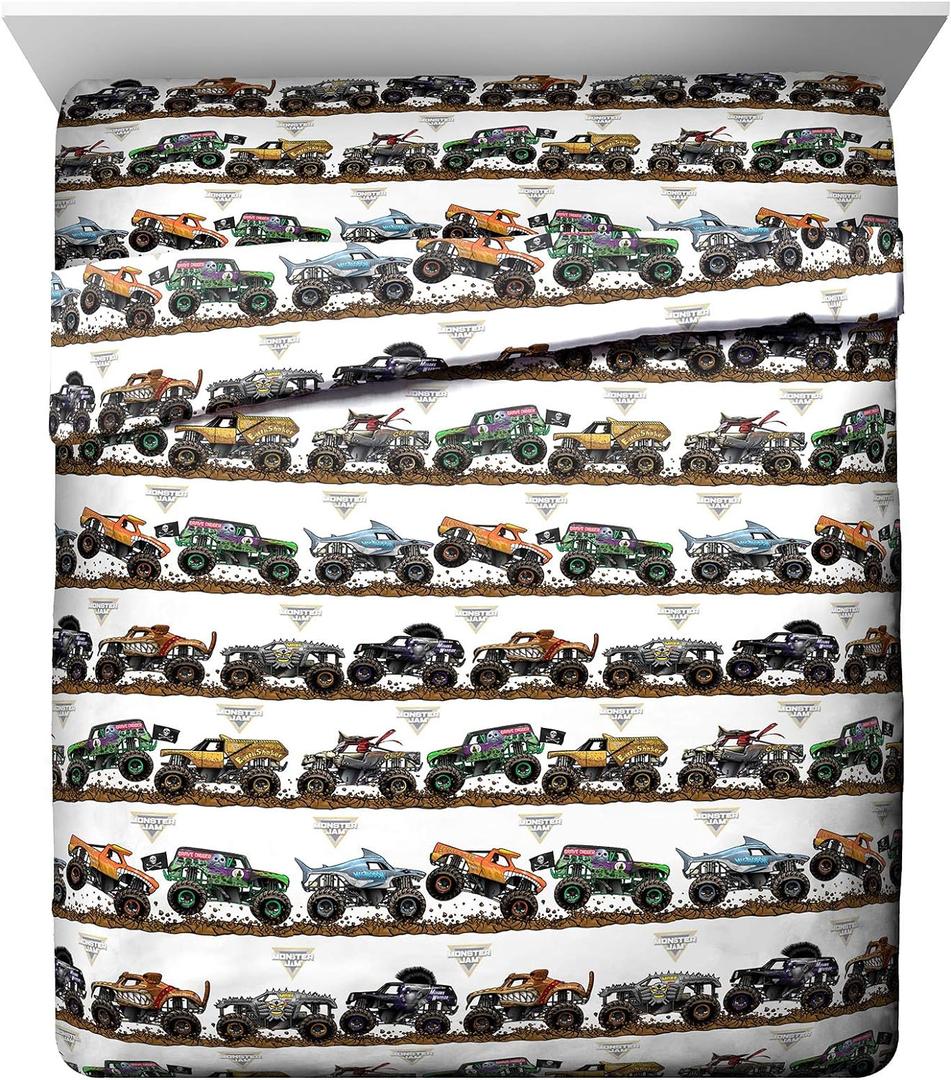 Jay Franco Kids Sheet Set with Fitted, Flat Sheets & Pillow Cover - Ultra-Soft Bedding with Pillowcase for Room Decor, Multi - Monster Jam, 4 Piece Queen